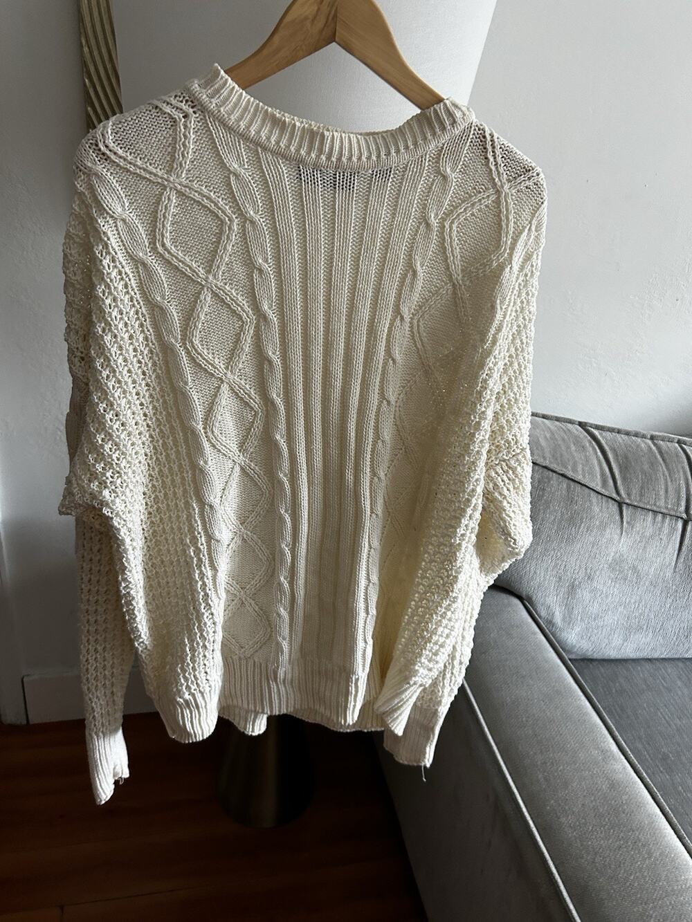 Vtg Fisherman Sweater Men's M Cream Oversized Cable Knit Chunky Pullover 90s